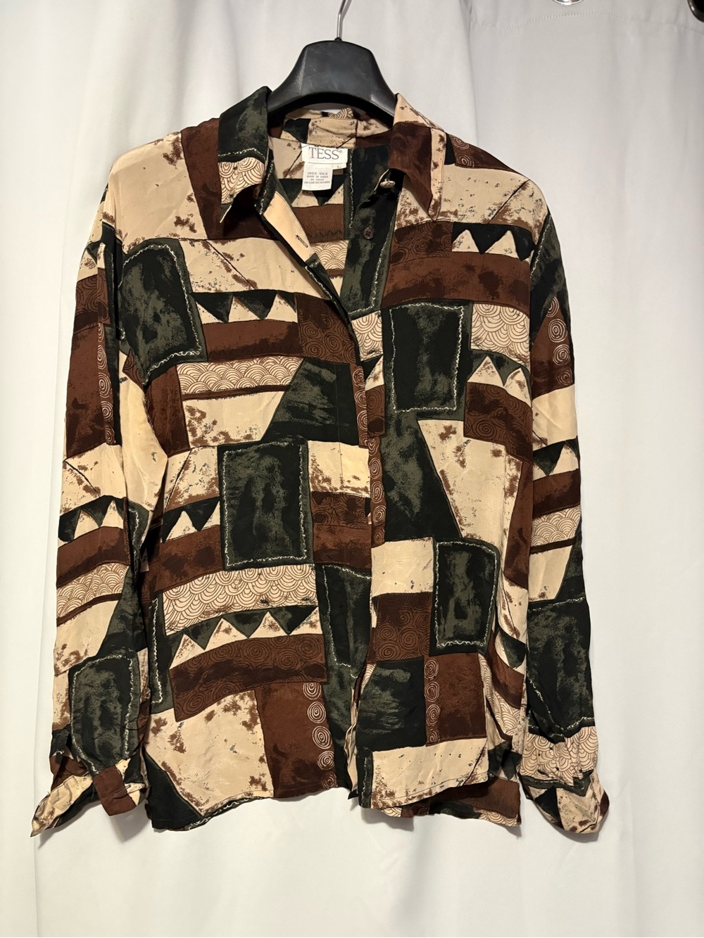 Women's Button-Down Patchwork Print Shirt - Brown/Green/Cream👀@AllPics